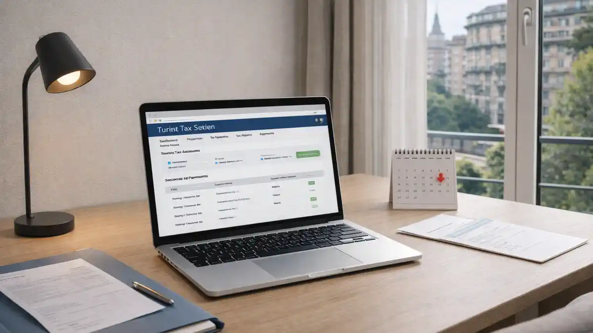 Туристический налог в Турине - кабинет и отчётность Рабочий стол в квартире под аренду в Турине: ноутбук с открытым кабинетом туристического налога, рядом папка с документами и квитанция платежа