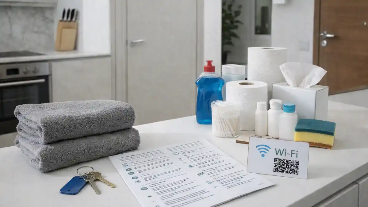 Welcome-pack для арендатора в Турине - набор первой недели и памятка по дому Светлая прихожая или кухня в Турине, на консоли аккуратно разложены расходники, мини-химия, полотенца, карточка Wi-Fi с QR без читаемого пароля, ламинированная памятка по дому, мягкий дневной свет.