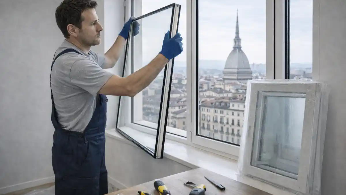 Замена стеклопакета в Турине, мастер аккуратно снимает штапик и подготавливает установку нового стеклопакета Светлая квартира в Турине, мастер 30-45 лет в нейтральной одежде без логотипов аккуратно работает у окна, рядом стоит новый стеклопакет в защитной упаковке