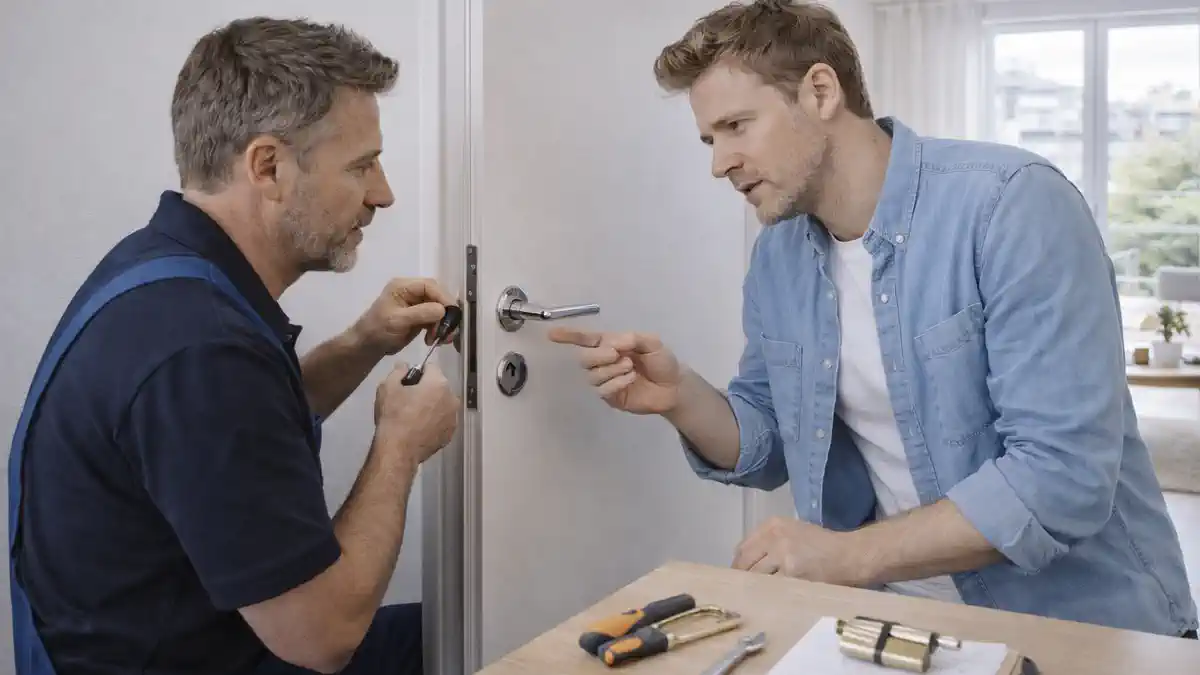 Замена дверного замка и ручки в Турине Мастер меняет замок и ручку на входной двери в современной квартире в Турине