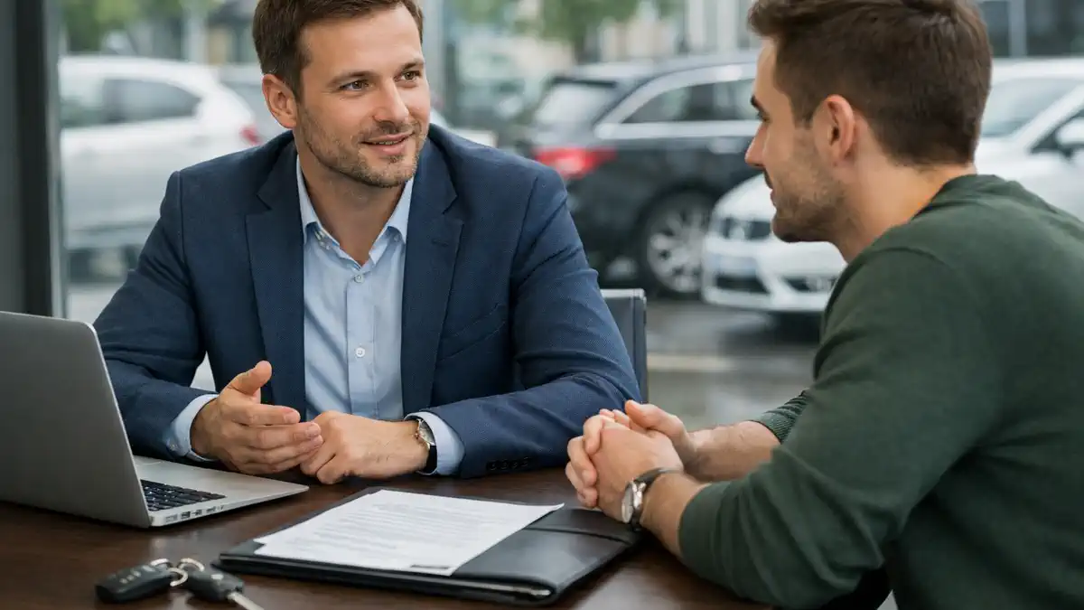 Консультация в Турине по выбору автомобиля без прописки для иностранца в Пьемонте Иностранец обсуждает с консультантом в Турине варианты автомобиля без residenza: аренда, иностранные номера, лизинг, документы