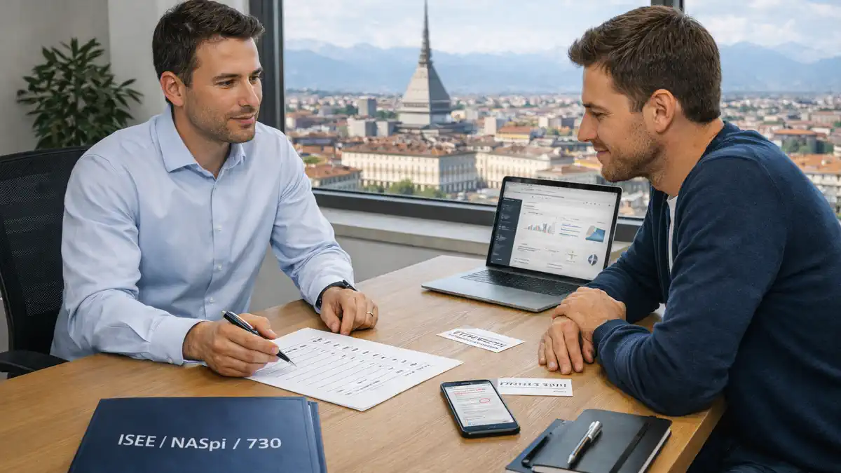 CAF и INPS в Турине: консультация по ISEE, NASpI и декларации 730, документы и ноутбук на столе, спокойная деловая атмосфера