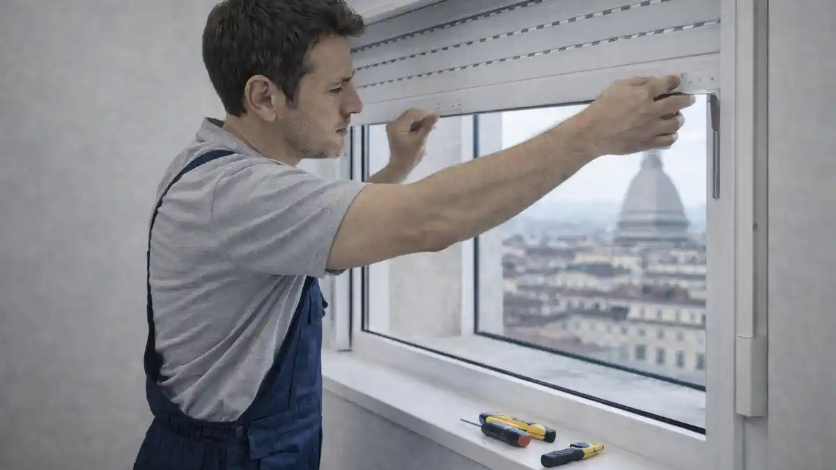 Ремонт рольставни в Турине, мастер регулирует направляющие и механизм у окна Квартира в Турине, мастер 30-45 лет в нейтральной одежде без логотипов аккуратно ремонтирует рольставню у окна