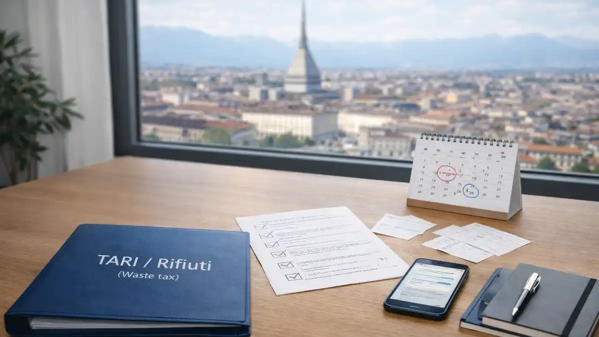 Регистрация TARI в Турине: аккуратная папка с документами, календарь с датой въезда и квитанции, современный стол, дневной свет